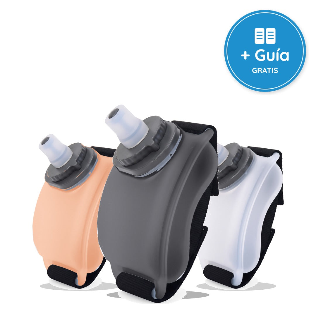 Botella de brazo TROOVE en negro, naranja y blanco + guía gratis